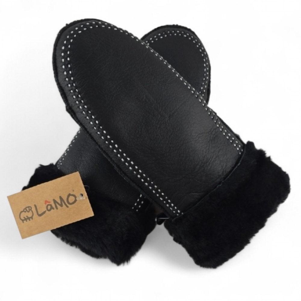 NWT LAMO Women's Black 100% Premium Australian Sheepskin Mittens Stitch Size M
